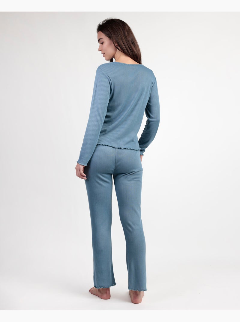 Pyjama côtelé doux à manches longues et col en V pour femme ADMAS Bleu - Kiabi