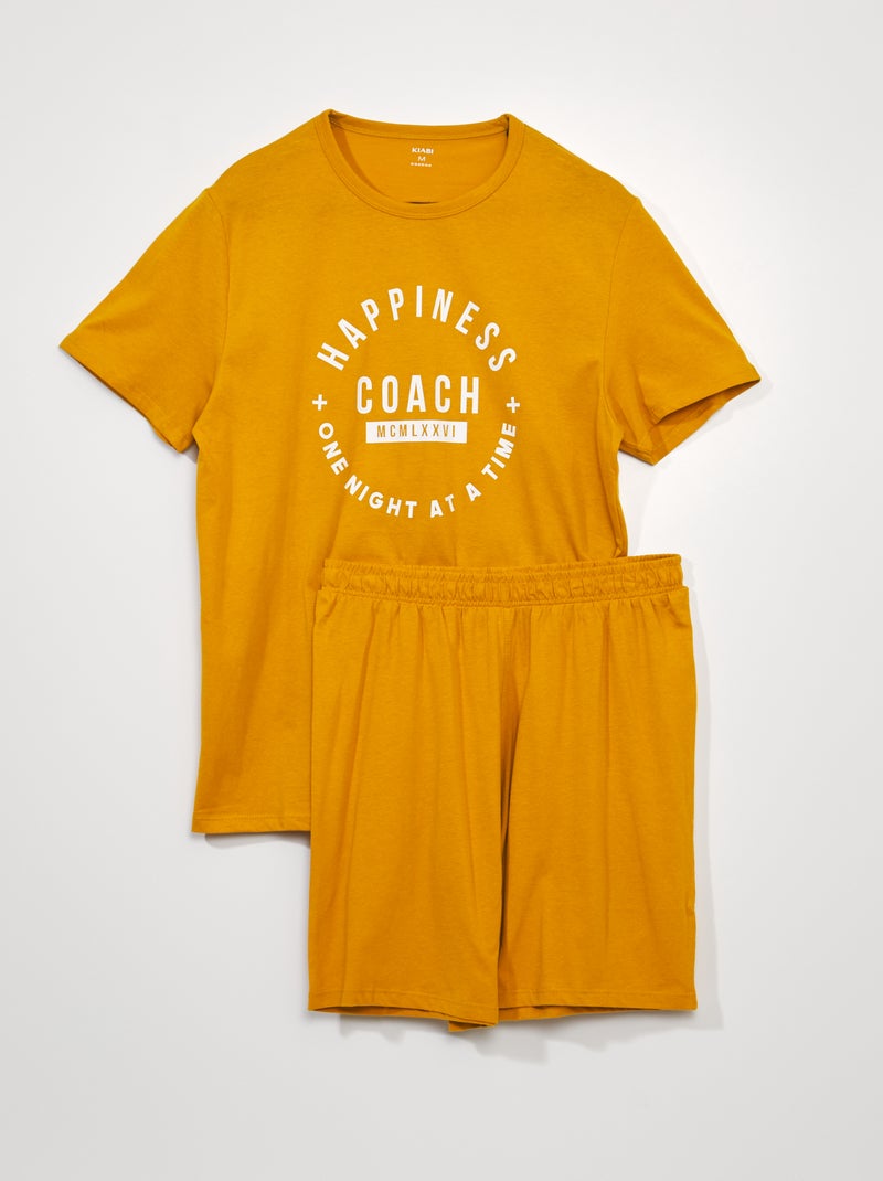 Pyjama court - Inscription 'happiness' - 2 pièces Jaune moutarde - Kiabi
