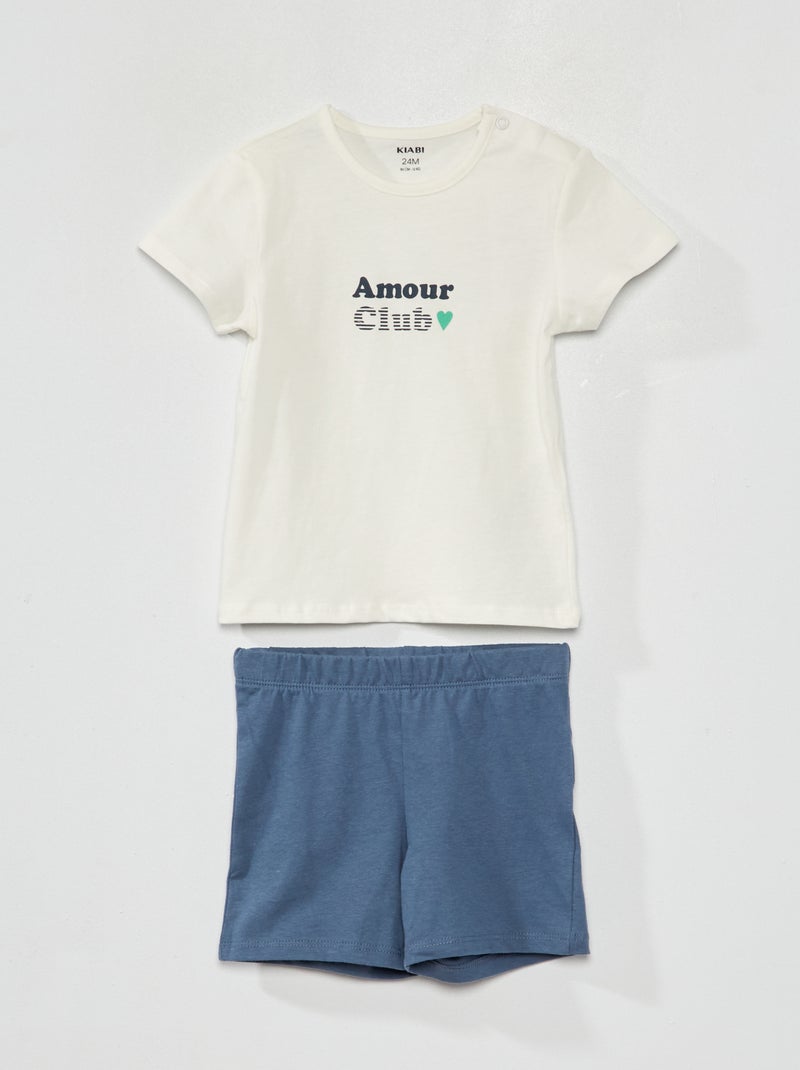 Pyjama court - Message 'amour club' - 2 pièces Blanc/bleu gris - Kiabi