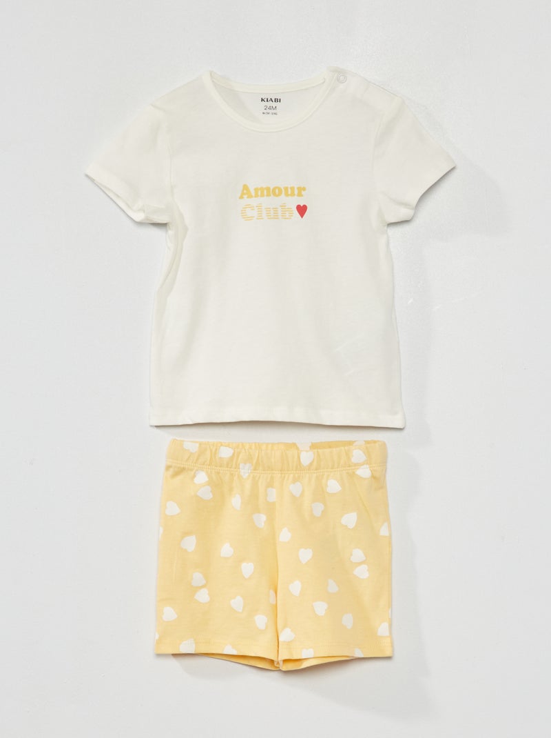 Pyjama court - Message 'amour club' - 2 pièces Blanc/jaune - Kiabi