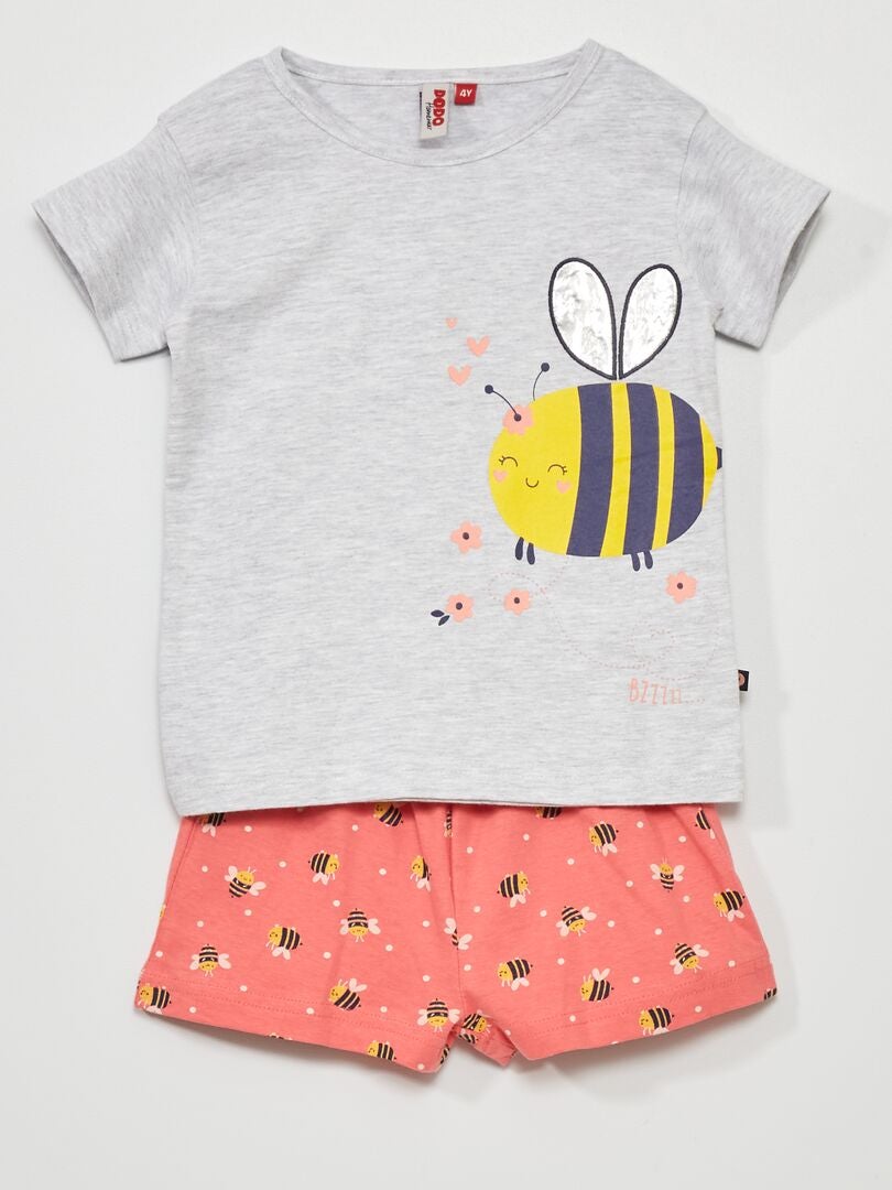 Pyjama court 'abeilles' - 2 pièces gris/rose - Kiabi
