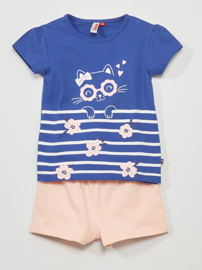 Pyjama court 'chat' - 2 pièces bleu/rose - Kiabi
