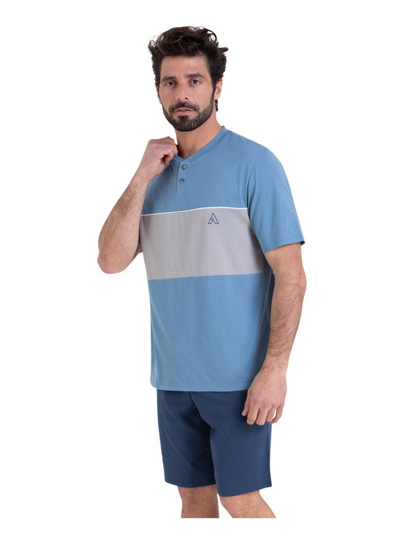 Pyjama court col tunisien homme Chic Athena Bleu Gris - Kiabi