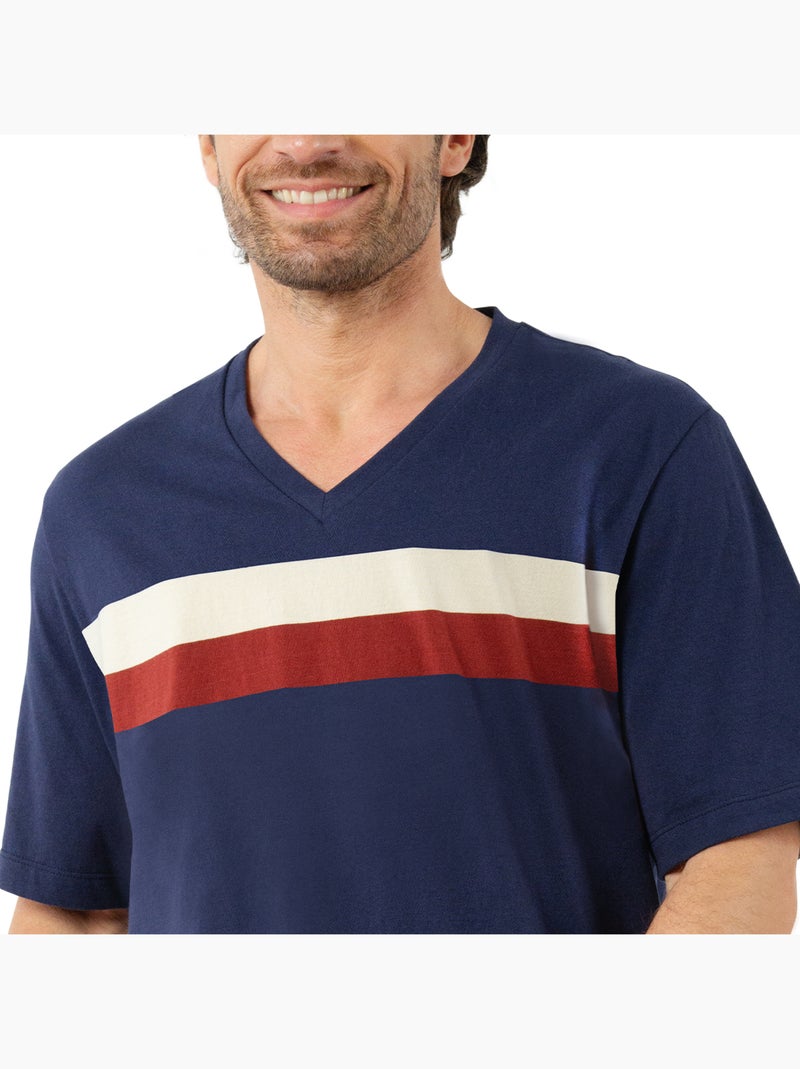 Pyjama court col V homme Mercerisé Eminence Bleu Rouge - Kiabi