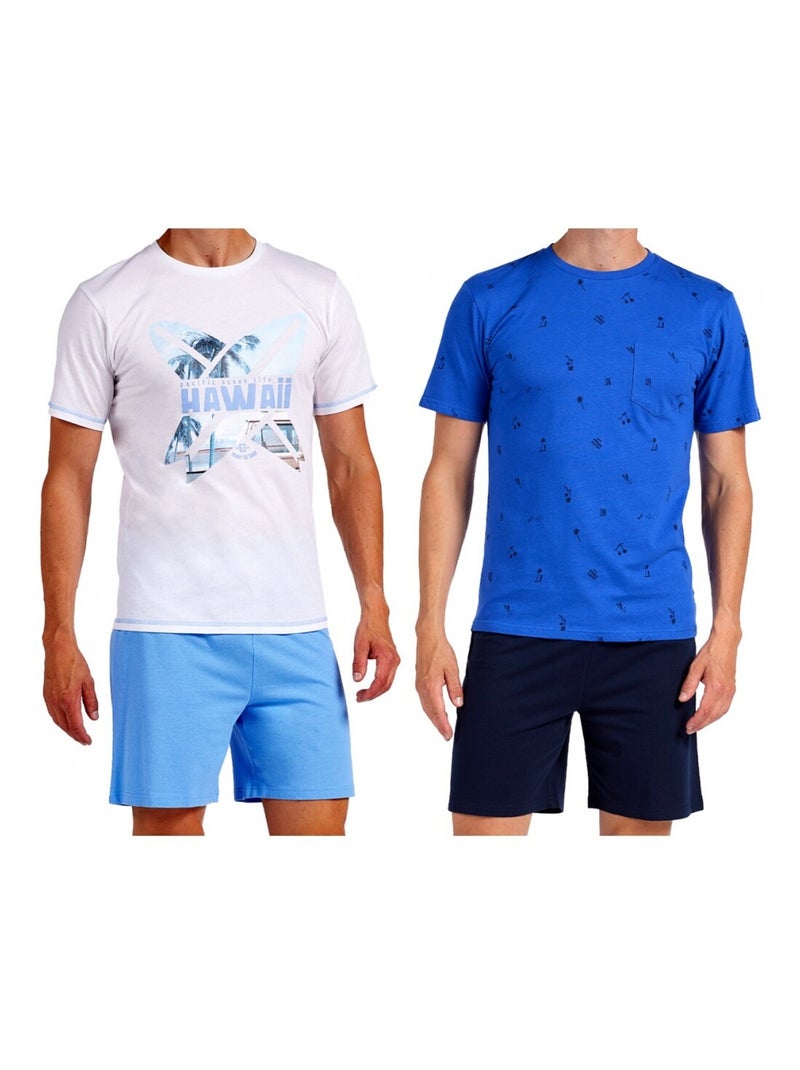 Pyjama Court COTON - Pack de 2 Bleu Bleu marine Blanc - Kiabi