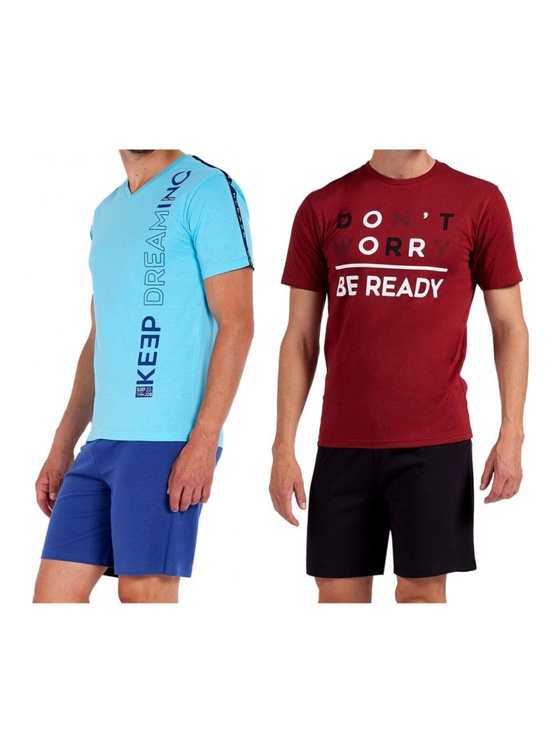 Pyjama Court COTON - Pack de 2 Bleu Bordeaux - Kiabi