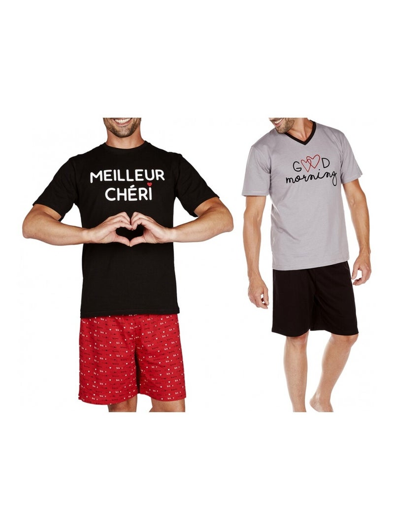 Pyjama Court COTON - Pack de 2 Noir Rouge Gris - Kiabi