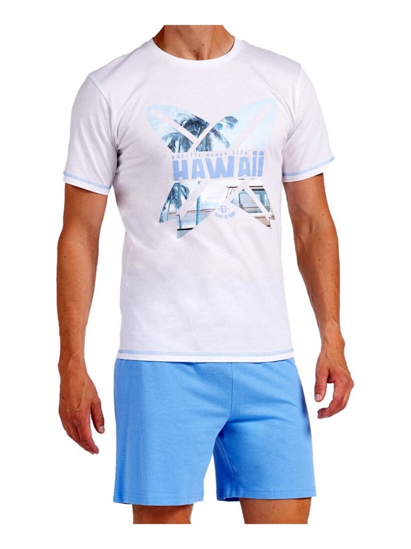 Pyjama Court COTON Blanc Bleu - Kiabi