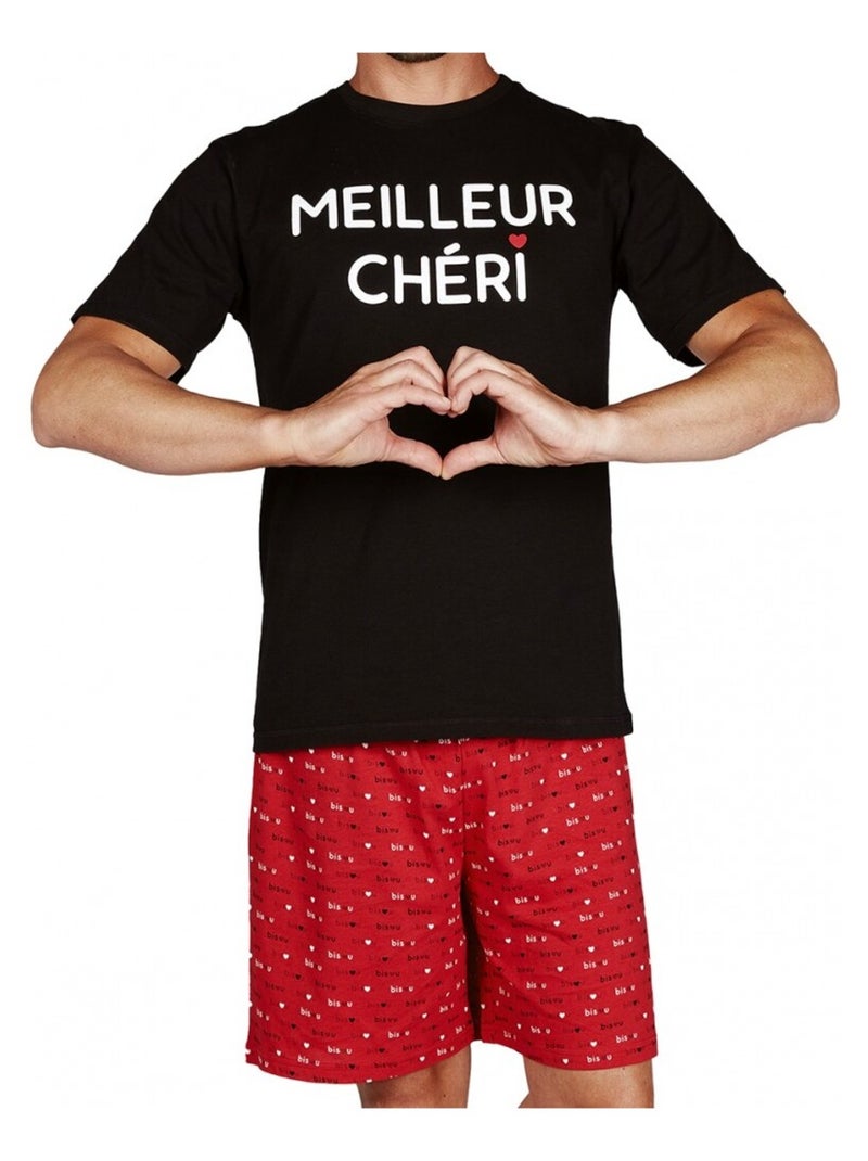 Pyjama Court COTON Noir Rouge - Kiabi
