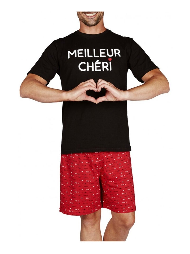 Pyjama Court COTON Noir Rouge - Kiabi