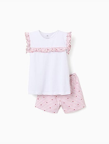 Pyjama court en coton à rayures et motif de cœurs