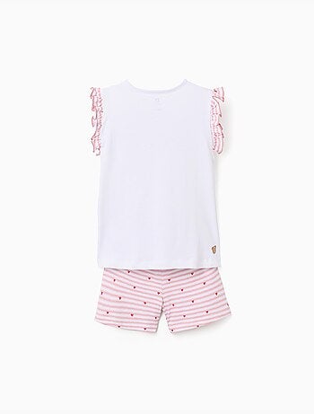 Pyjama court en coton à rayures et motif de cœurs