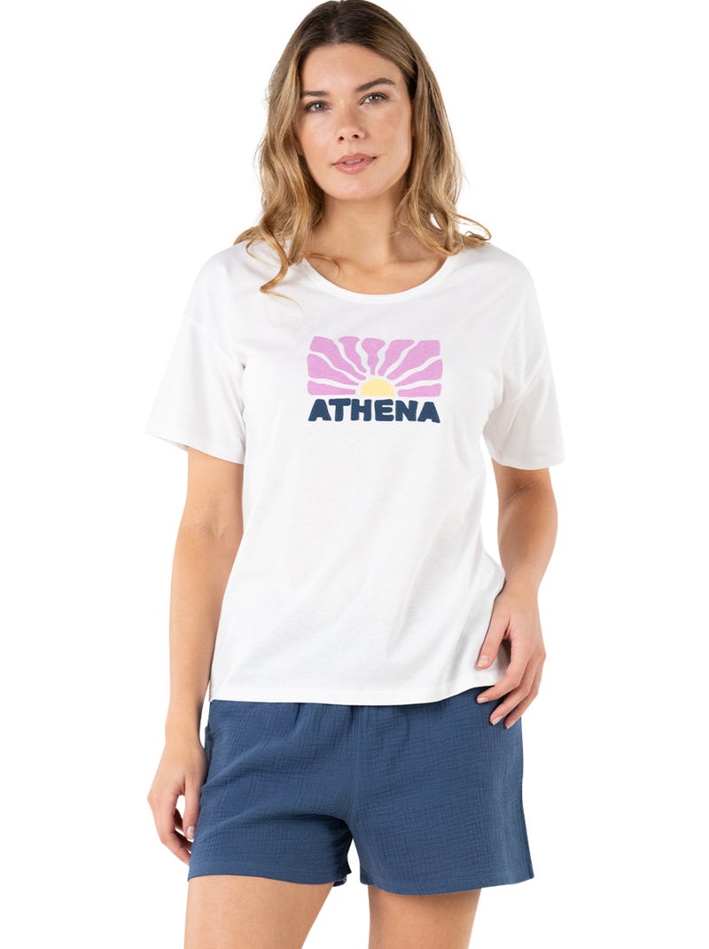 Pyjama court femme Easy Coton Athena Blanc/Marine - Kiabi