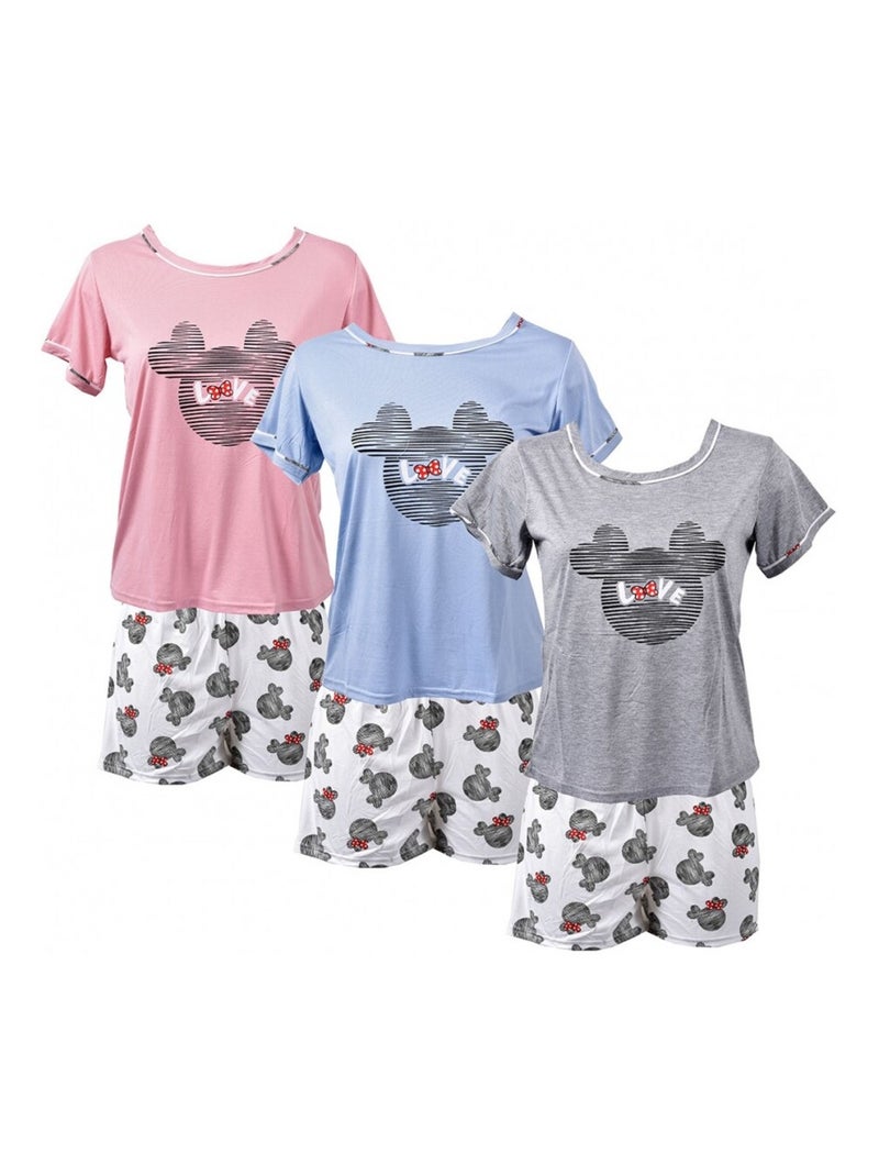 Pyjama Court Femme HUMORISTIQUE en Coton - Pack de 3 Bleu Rose Gris - Kiabi