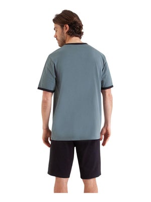 Pyjama Court Homme HOM Valley | Ensemble 100% Coton, T-Shirt Turquoise Et Short Imprimé | Certifié Oeko-Tex