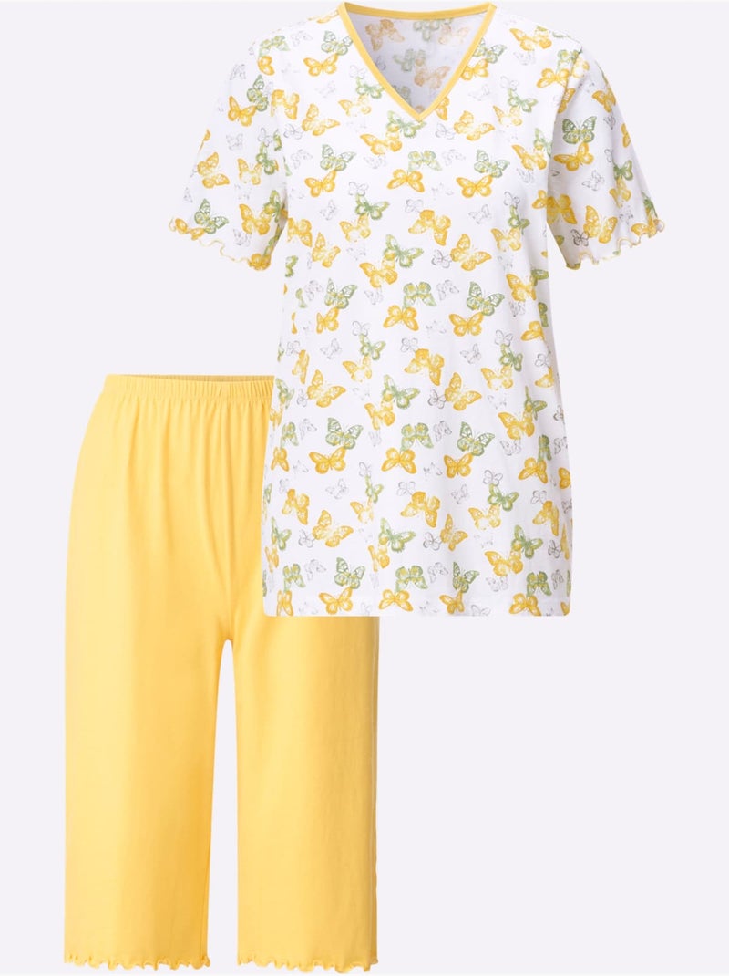 Pyjama Court Jersey Fin - Taille Standard - Moda Vilona Blanc Jaune - Kiabi