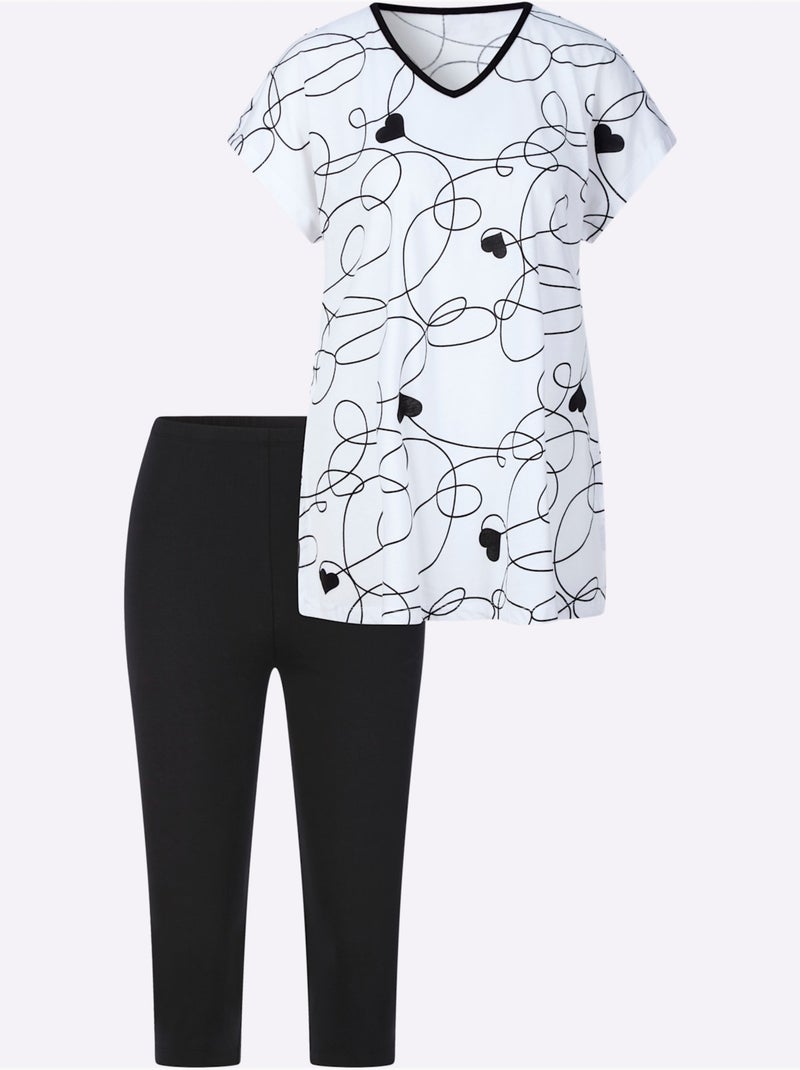 Pyjama Court Jersey Fin - Taille Standard - Moda Vilona Blanc Noir - Kiabi