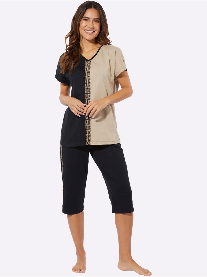 Pyjama Court Jersey Fin - Taille Standard - Moda Vilona Noir Beige - Kiabi