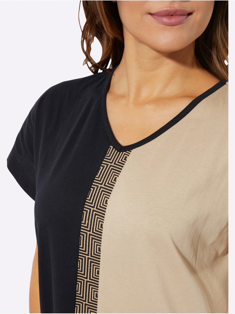 Pyjama Court Jersey Fin - Taille Standard - Moda Vilona Noir Beige - Kiabi