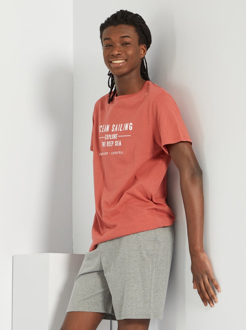 Pyjama court 'summer' 2 pièces Corail/gris - Kiabi