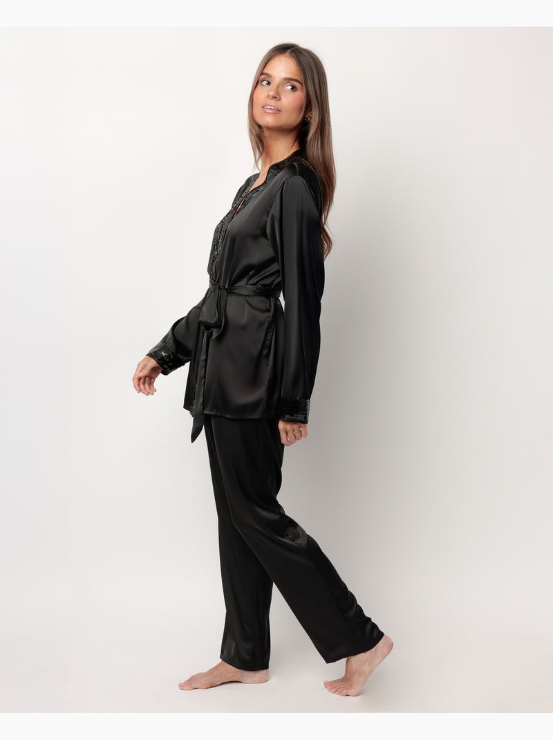 Pyjama croisé à manches longues en satin glamour et luxueux pour femme ADMAS LUXURY Noir - Kiabi