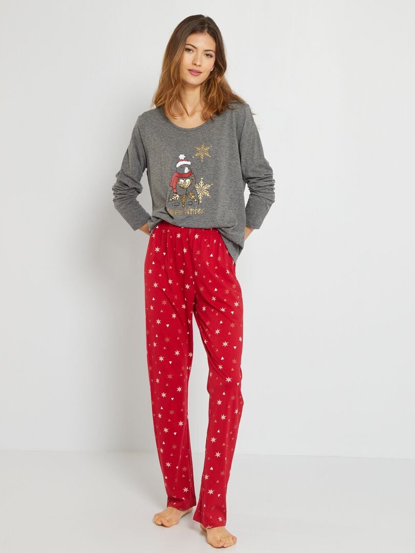 Pyjama de Noël en jersey - 2 pièces Rouge/gris - Kiabi