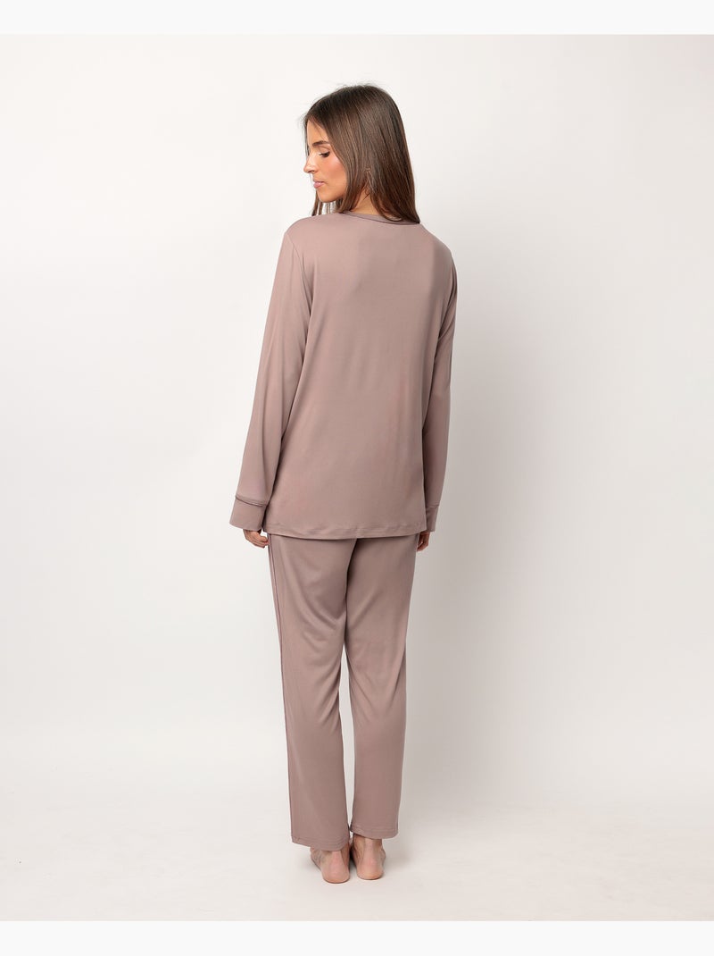 Pyjama doux à manches longues pour femme ADMAS CLASSIC Moka - Kiabi