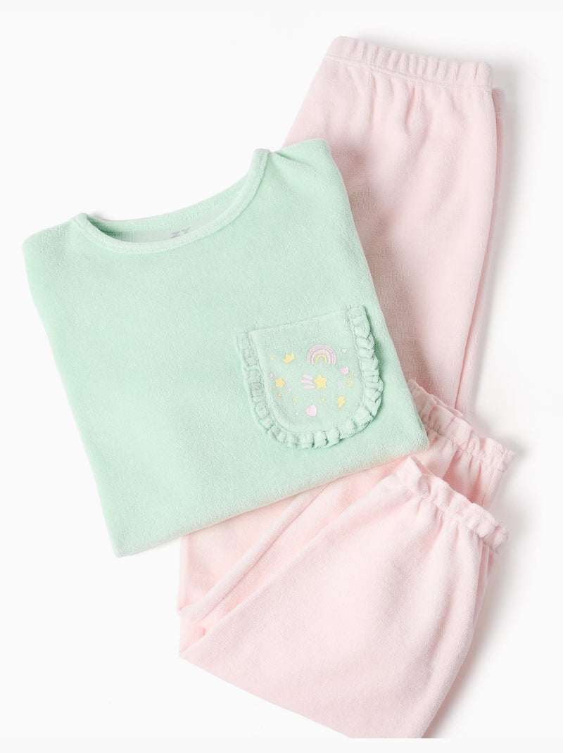 Pyjama en velours à volants et imprimés Vert clair - Kiabi