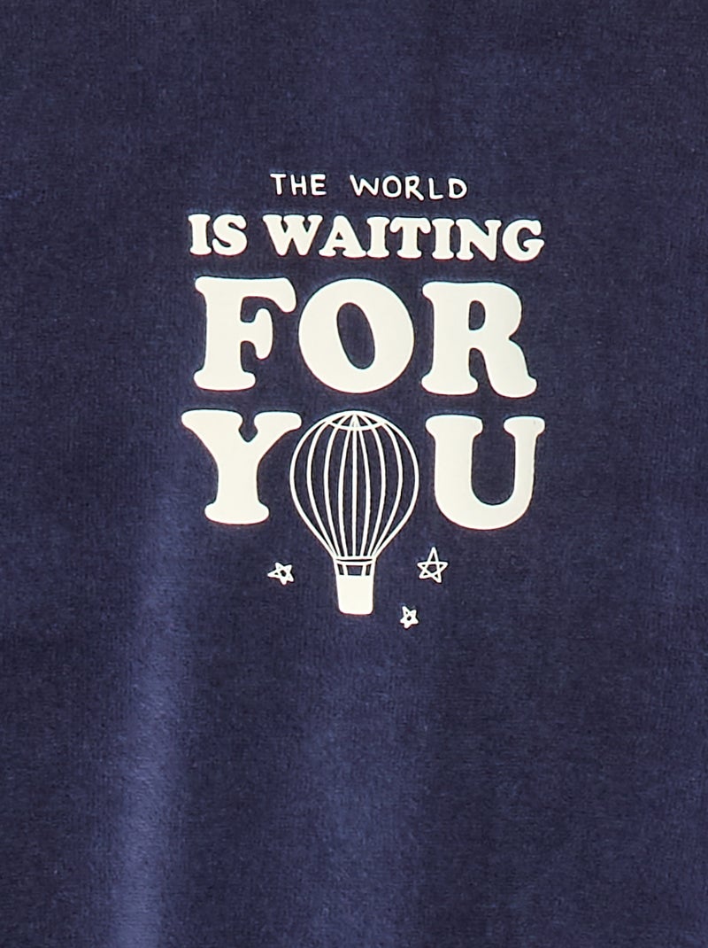 Pyjama en velours avec pieds et animation devant Bleu - Kiabi