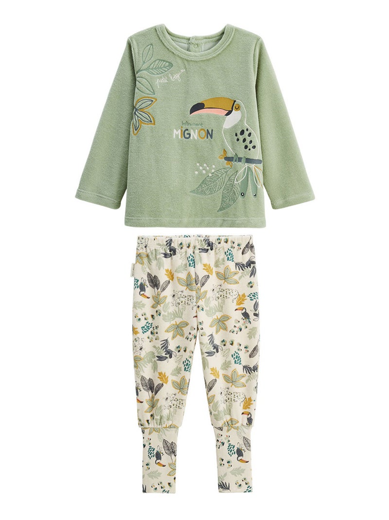 Pyjama enfant 2 pièces en velours avec pieds retroussables Boavista Kaki - Kiabi