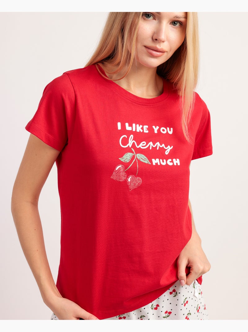 Pyjama femme ADMAS à manches courtes et motif cerises Rouge - Kiabi