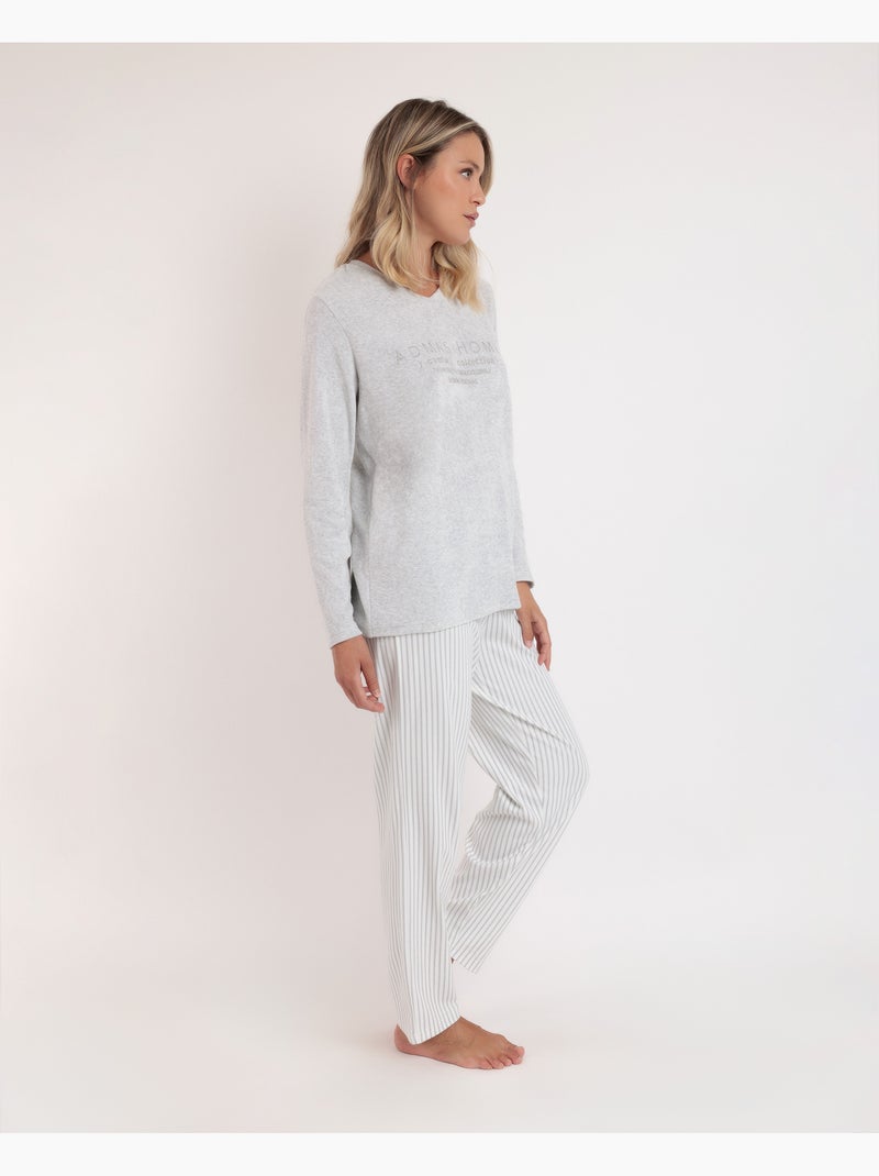 Pyjama femme ADMAS à manches longues et col en V en velours double doux Gris perle - Kiabi