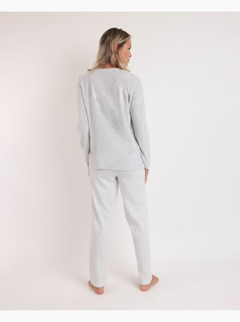 Pyjama femme ADMAS à manches longues et col en V en velours double doux Gris perle - Kiabi