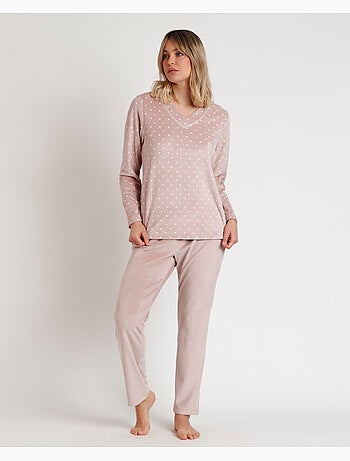 Pyjama femme ADMAS CLASSIC à manches longues en velours et dentelle à pois