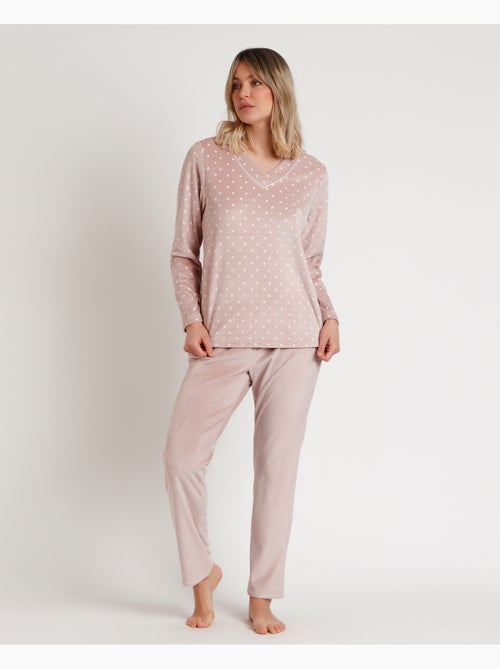 Pyjama femme ADMAS CLASSIC à manches longues en velours et dentelle à pois - Kiabi
