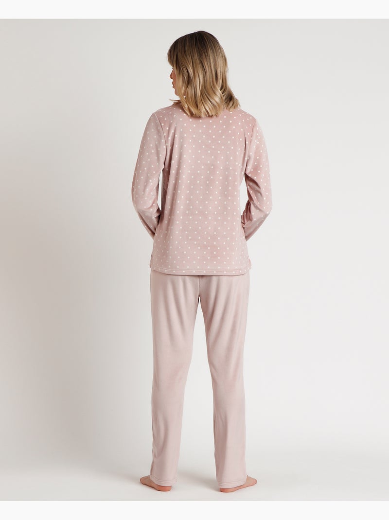 Pyjama femme ADMAS CLASSIC à manches longues en velours et dentelle à pois Gris clair - Kiabi