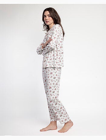 Pyjama femme ADMAS CLASSIC à manches longues et rabat ouvert, motif pois et fleurs