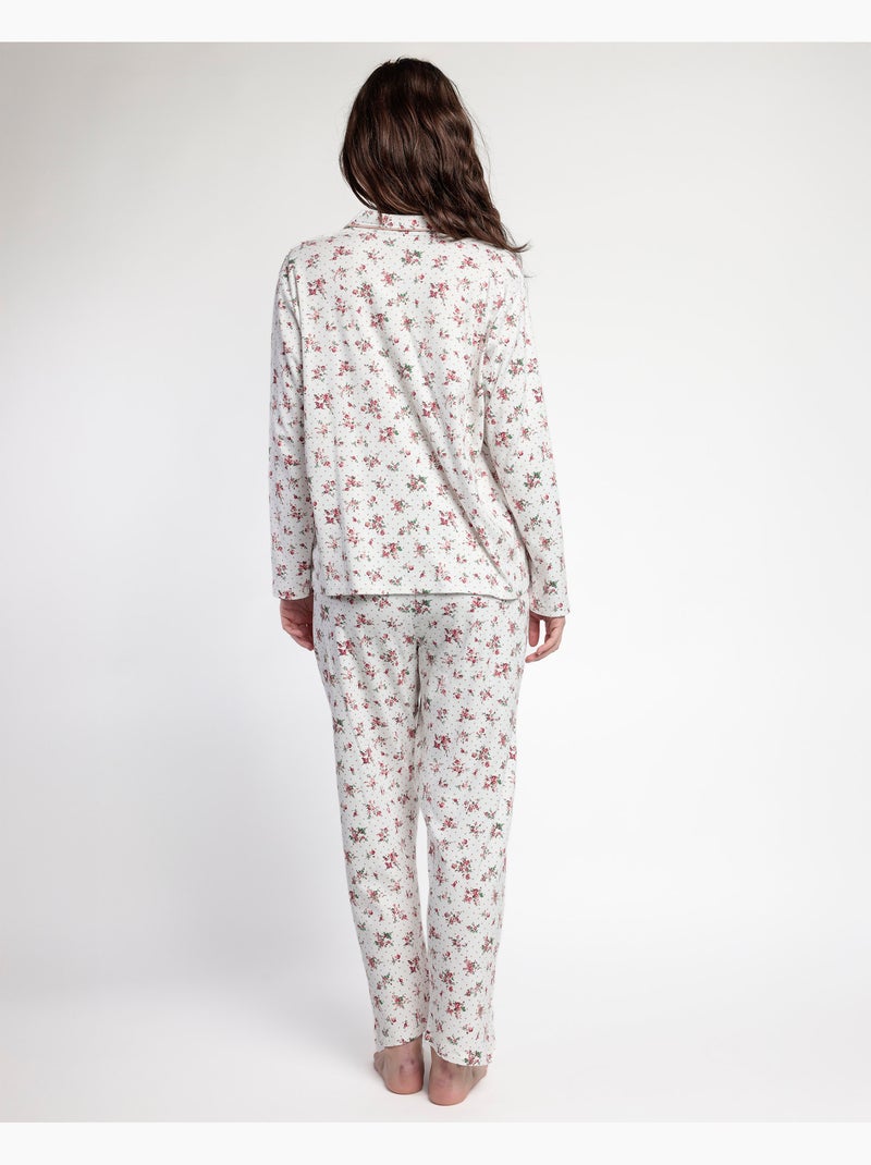 Pyjama femme ADMAS CLASSIC à manches longues et rabat ouvert, motif pois et fleurs Corail - Kiabi