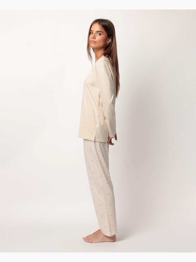 Pyjama femme ADMAS CLASSIC à manches longues, rayures et étoiles Beige - Kiabi