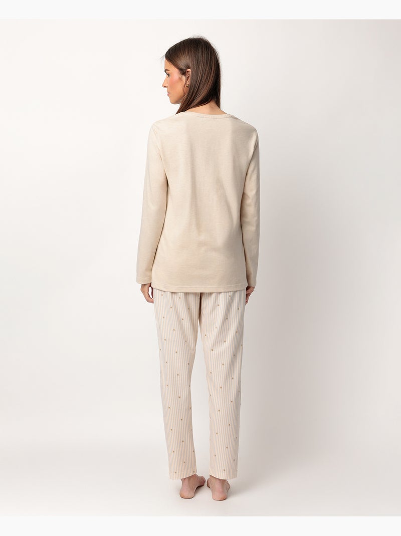 Pyjama femme ADMAS CLASSIC à manches longues, rayures et étoiles Beige - Kiabi