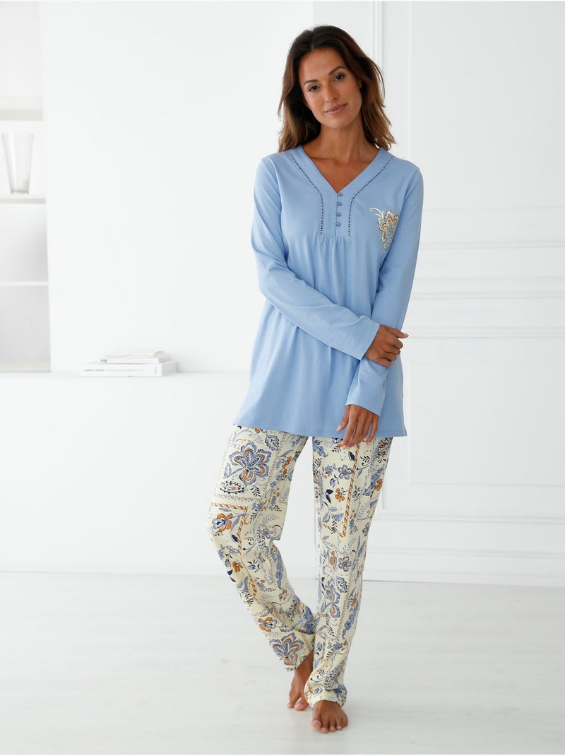 Pyjama femme maille pur coton - DAXON Bleu Multicolore - Kiabi