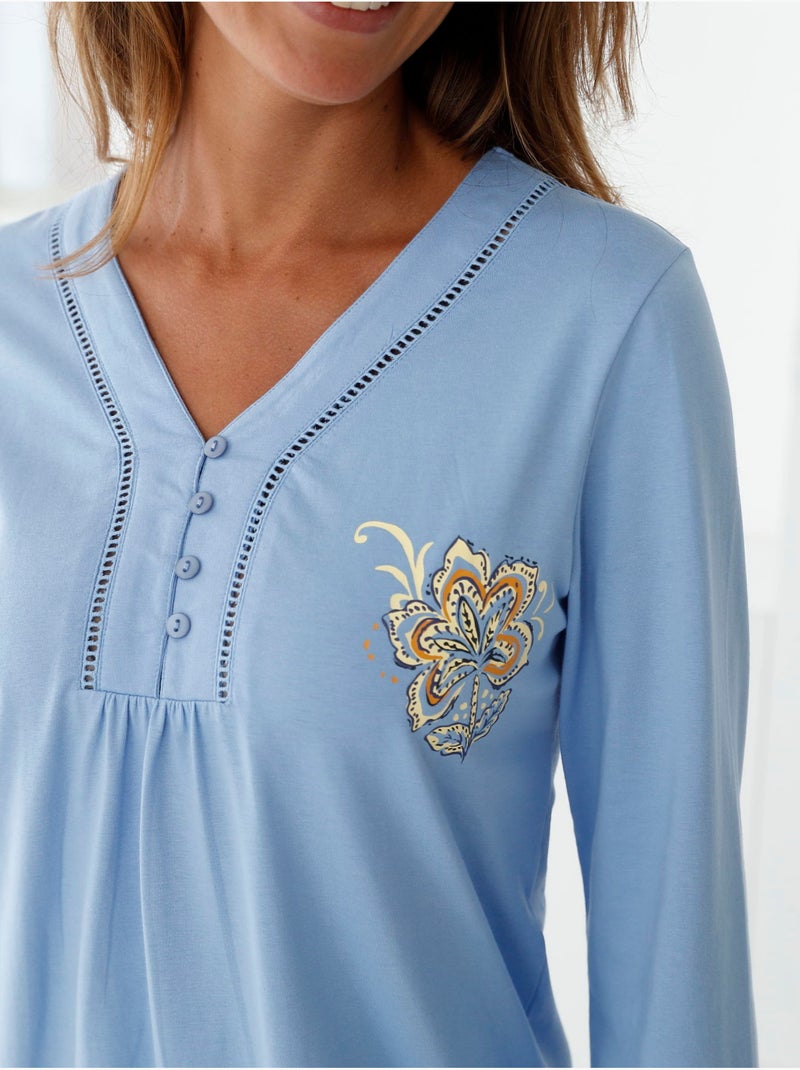Pyjama femme maille pur coton - DAXON Bleu Multicolore - Kiabi