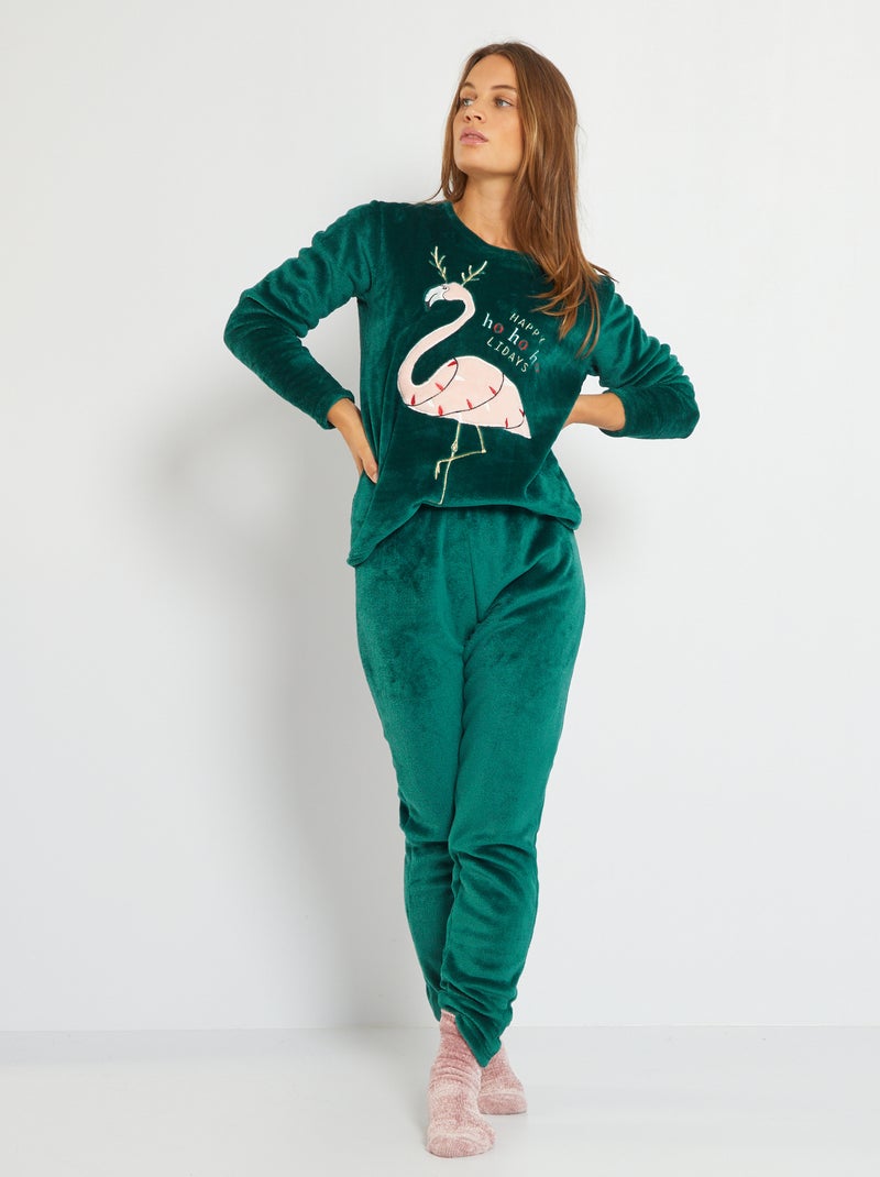 Pyjama 'flamant rose' en maille peluche Vert - Kiabi