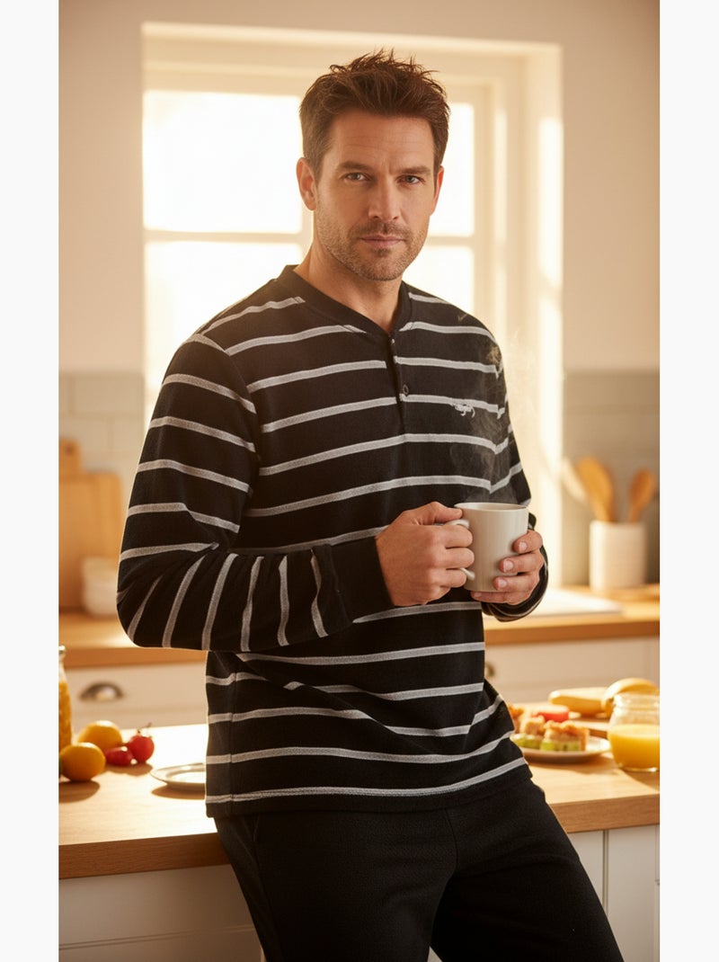 Pyjama Homme Hiver Polaire Doux RAYURE Z2654 Noir - Kiabi