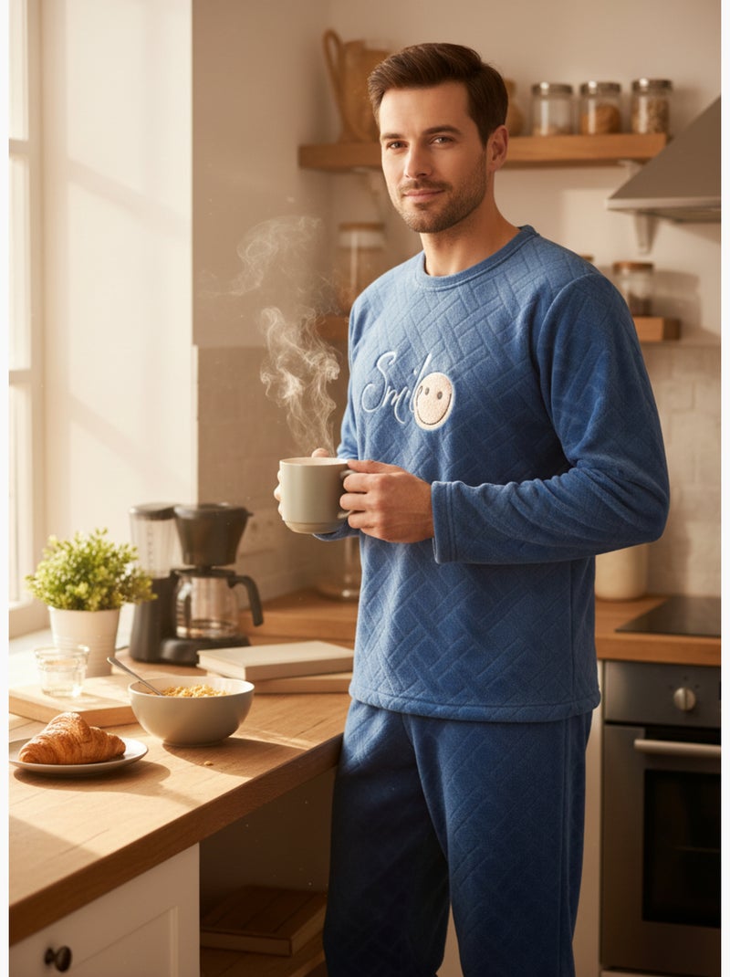 Pyjama Homme Hiver Polaire Doux SMILE Bleu marine - Kiabi