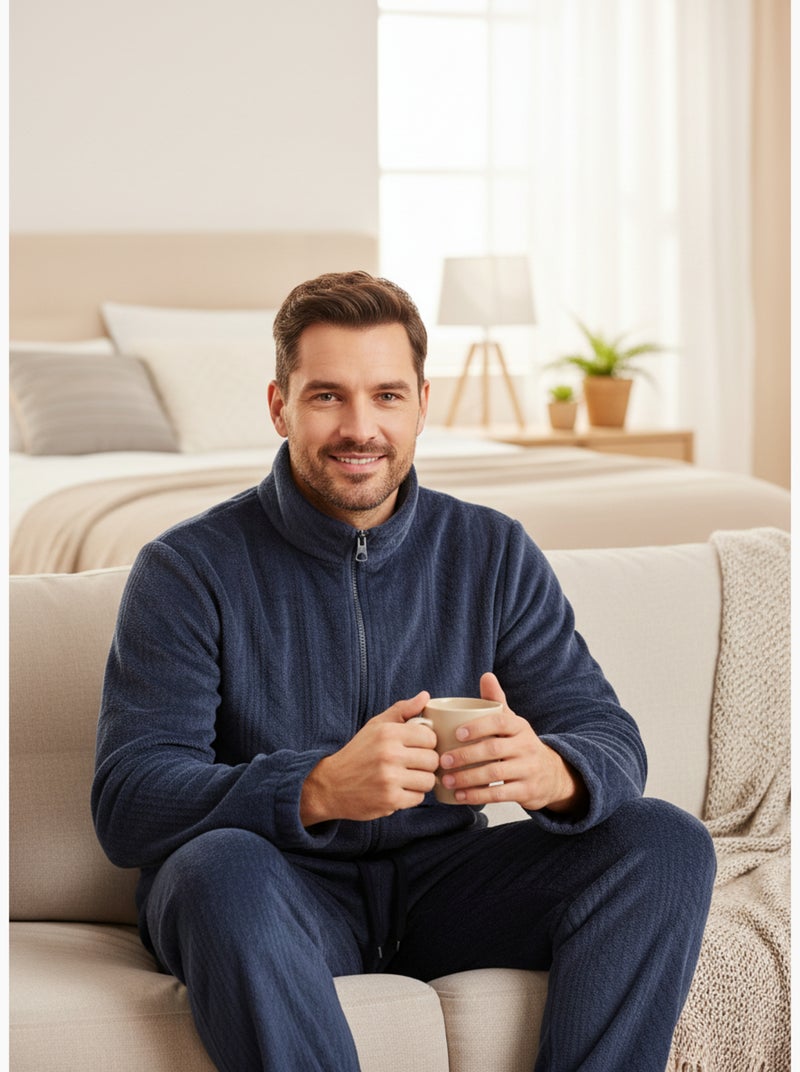 Pyjama Homme Hiver Polaire Doux ZIP Bleu marine - Kiabi