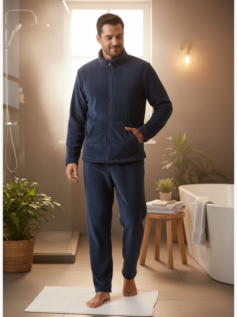 Pyjama Homme Hiver Polaire Doux ZIP Bleu marine - Kiabi