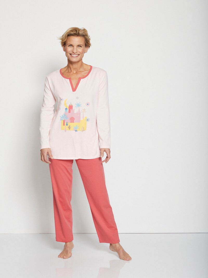 Pyjama imprimé placé en coton Rose - Kiabi