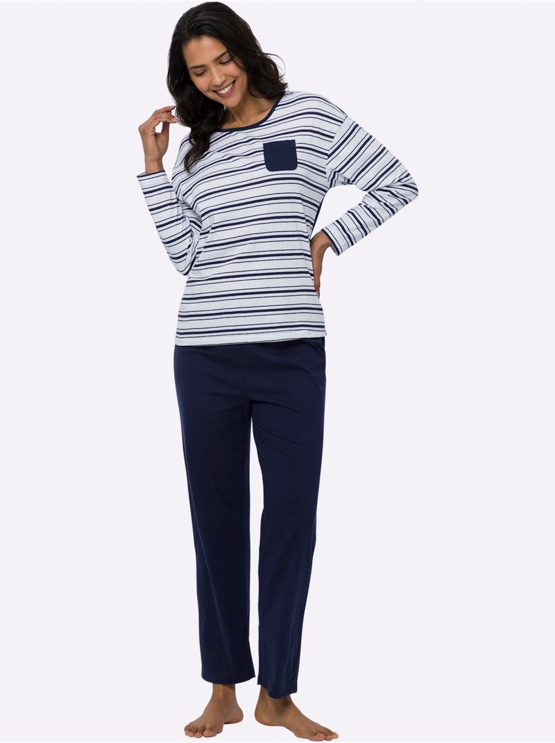 Pyjama Jersey Fin - Taille Standard - Moda Vilona Blanc Bleu marine - Kiabi