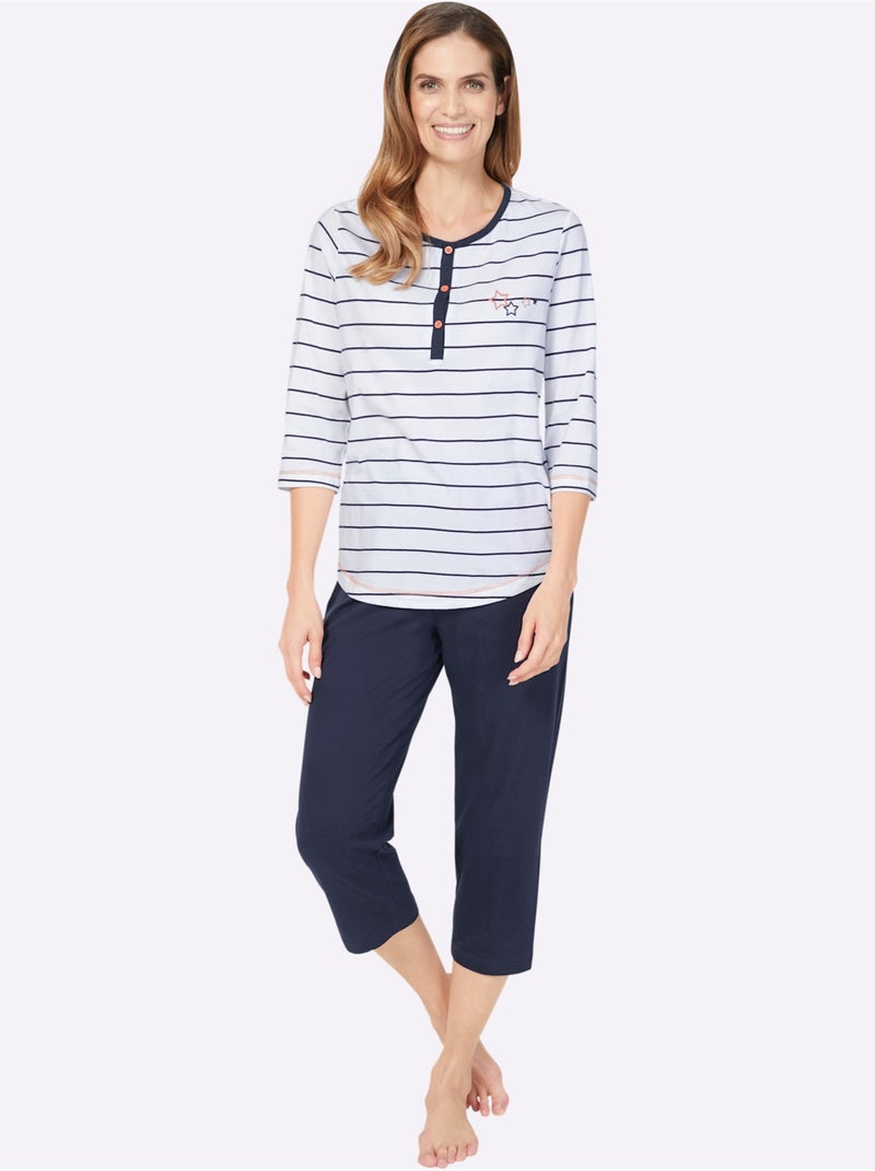 Pyjama jersey fin - taille standard - witt Blanc Bleu marine - Kiabi